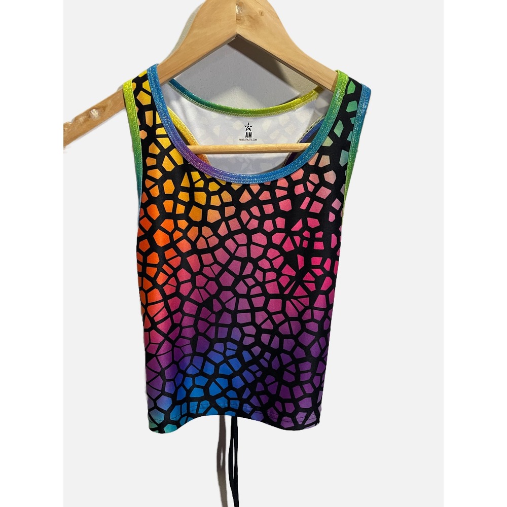 Rebel Athletic Tank Top Womens Adult Medium Rainbow Mosaic Glitter Lace Up Cheer